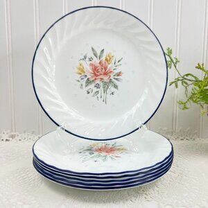 Corelle By Corning Promise 6 Salad Dessert Plates 7.25" White Navy Trim Floral